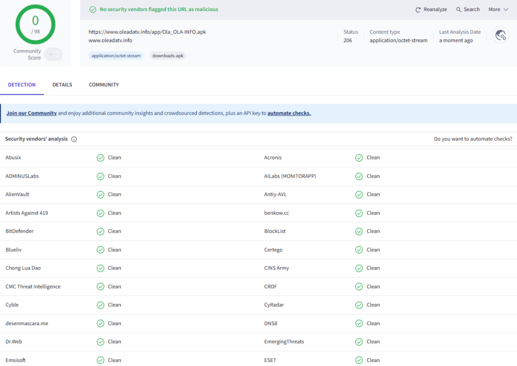 Capturas de pantalla del test APK de Oleada TV en VirusTotal(1) Capturas de pantalla del test APK de Oleada TV en VirusTotal(1)